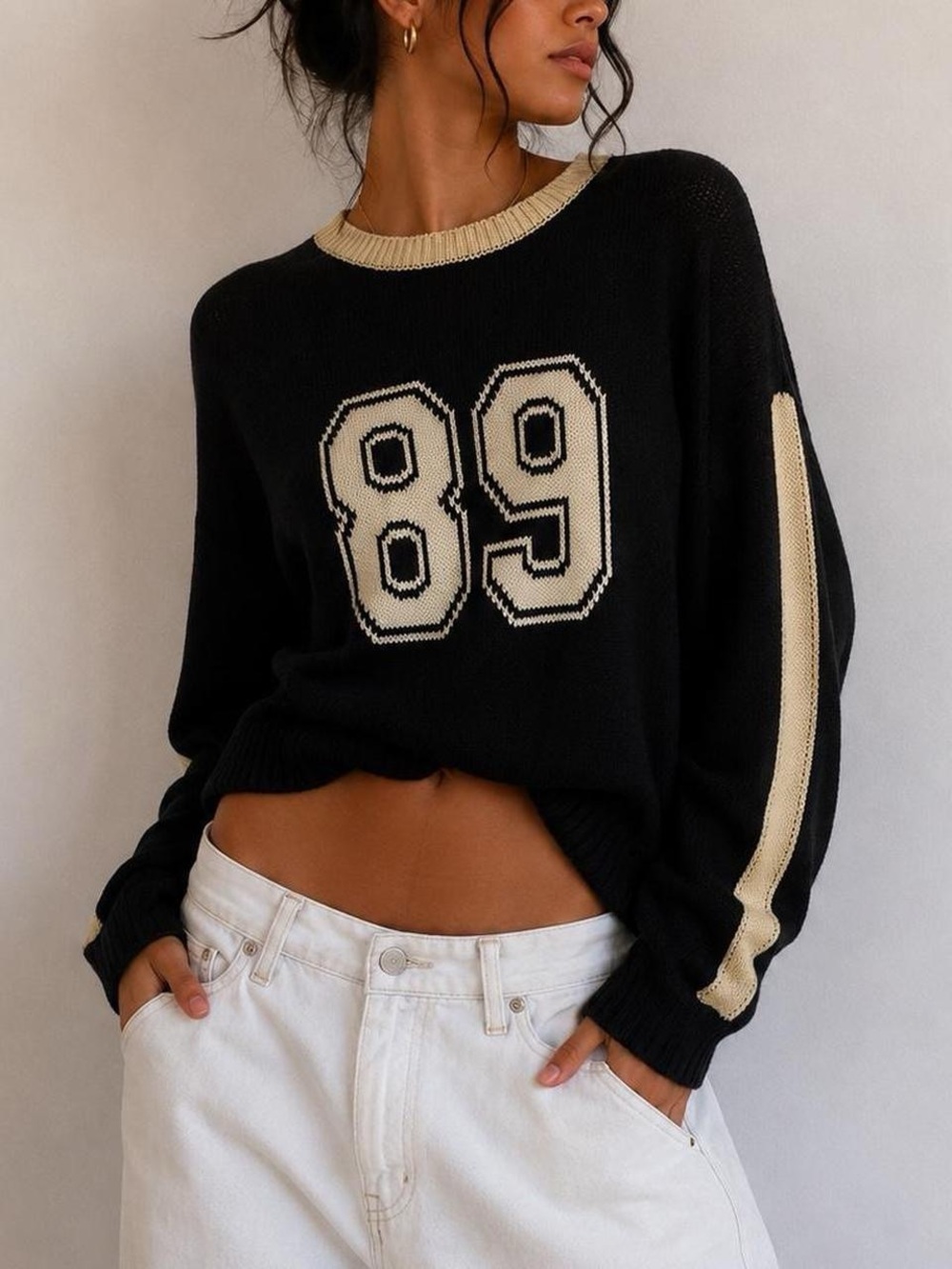 Le Lis Black Sweater with Cream Trim & '89 Graphic